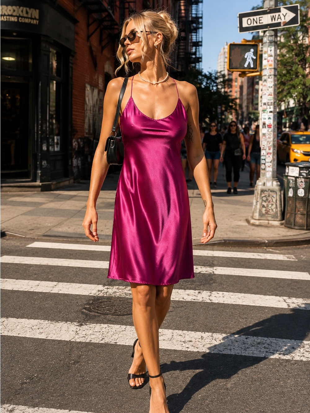 INTIMATELY FREE PEOPLE Magenta Boho Satin Low Back Y2K Style Slip Dress, S